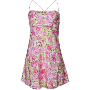 For Love And Lemons Paulina Rose Pink /Green Floral Mini Dress NWT Crossback Med